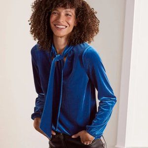 Boden Nancy Blue Velvet Tie-Neck top 3/4 sleeve, NWT 6, elegant jewel tones!